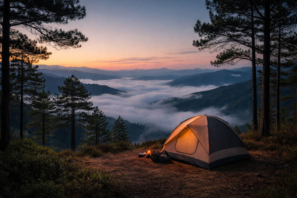 Cordillera camping Philippines cover with tent on ridge and sea of clouds at dawn