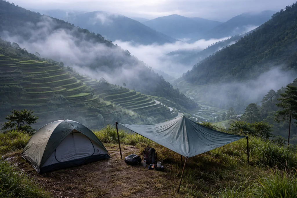Cordillera camping Philippines terrace-view morning near Bontoc with fog lifting
