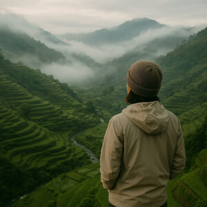 Traveler overlooking misty Cordillera terraces for Philippines weather travel guide