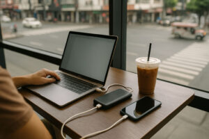 Digital nomad using travel tech Philippines gear in city café