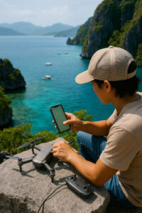 Traveler preparing drone for travel photography in the Philippines