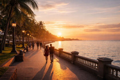 Dumaguete travel guide cover featuring golden-hour silhouettes on Rizal Boulevard