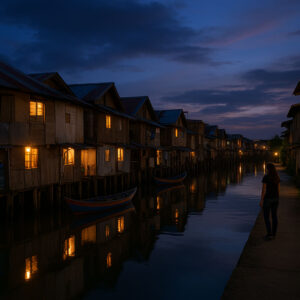 Canal at dusk with reflections showing Zamboanga city colors