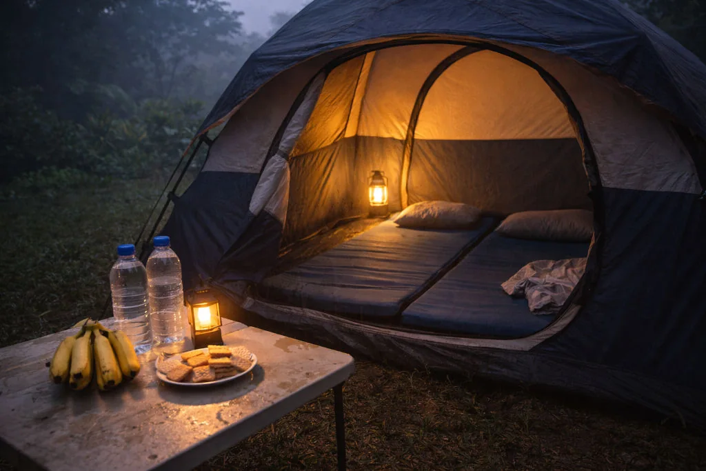 family camping Philippines cozy tent scene at dusk with lantern light
