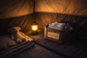  family camping Philippines night calm setup with child sleep corner and night light