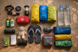 family camping Philippines packing list flat-lay with headlamps rain gear and first aid