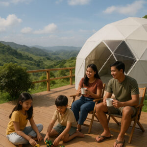 Family enjoying time on a glamping deck near Manila in the highlands