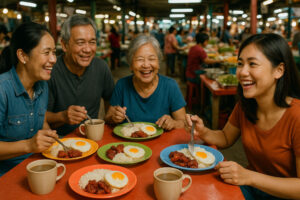 Family sharing silog breakfast during Filipino market mornings at a carinderia