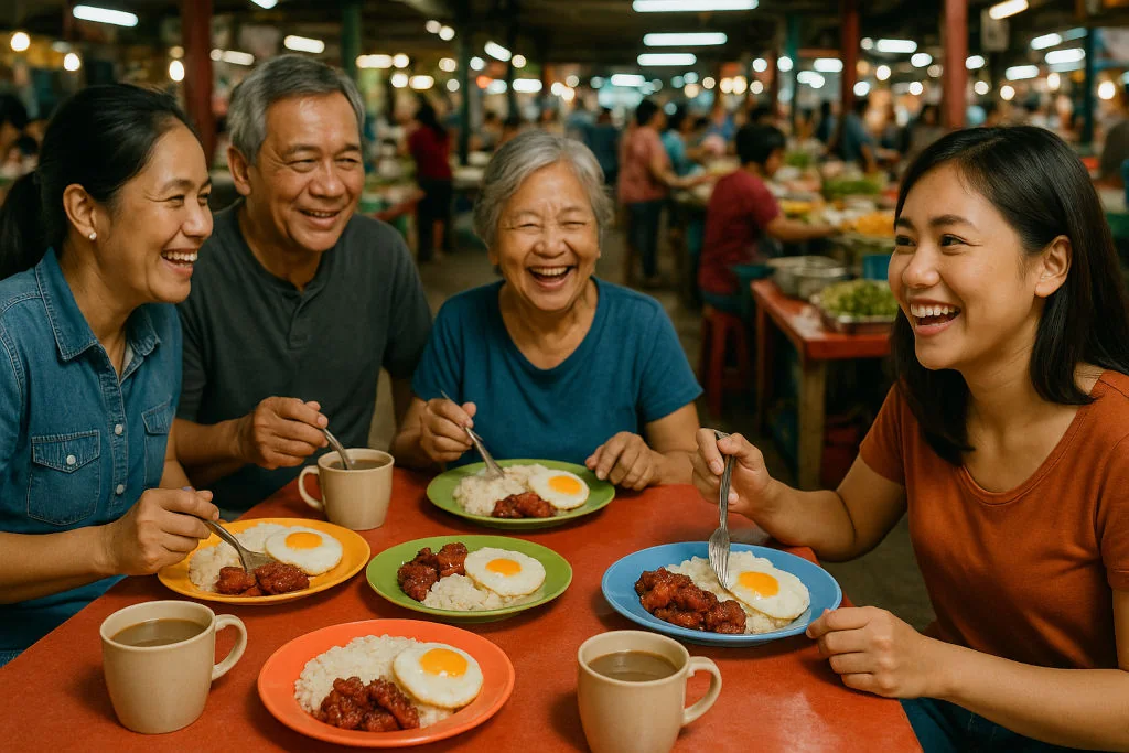 Family sharing silog breakfast during Filipino market mornings at a carinderia
