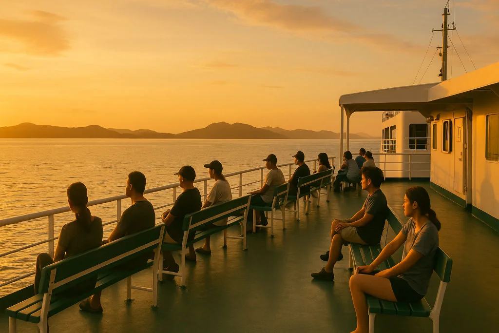 Philippines ferry travel guide: Passengers on open deck at golden hour on a Philippine ferry