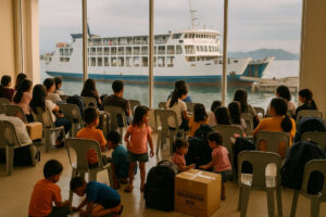 Families waiting with boxes and bags in a Philippine ferry terminal