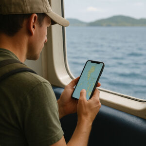 Traveler using travel apps Philippines on ferry with offline maps