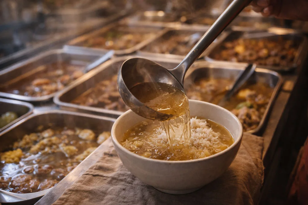 Carinderia ladle pour moment for Filipino comfort bowls