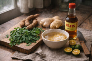 Flavor toolkit still life for Filipino comfort bowls with sampalok ginger malunggay