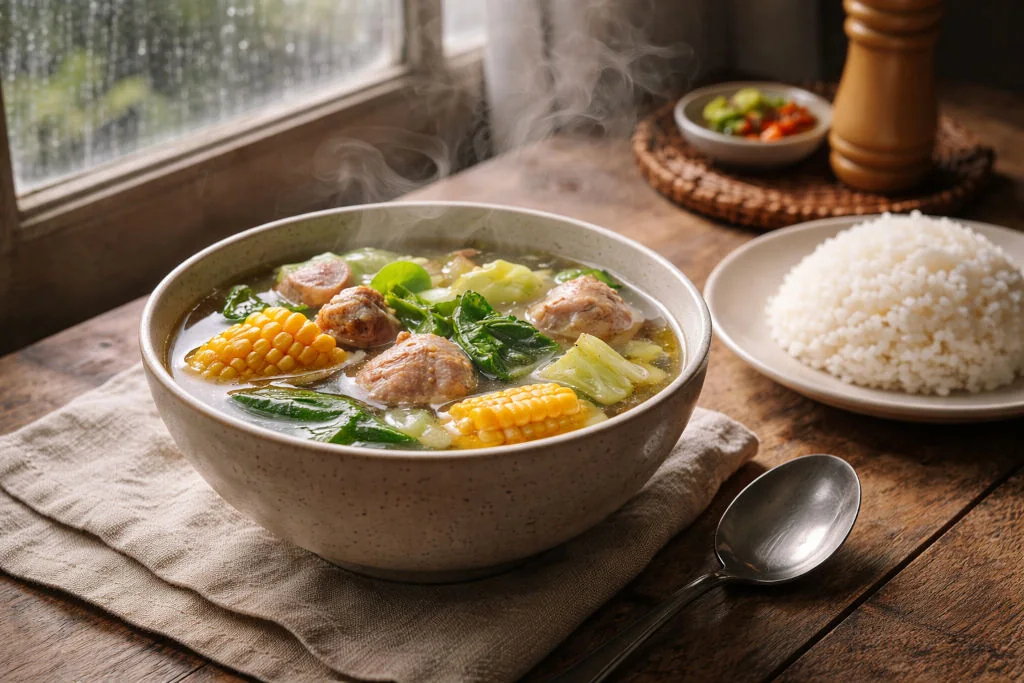 Steaming sabaw and rice scene showing Filipino comfort bowls at home