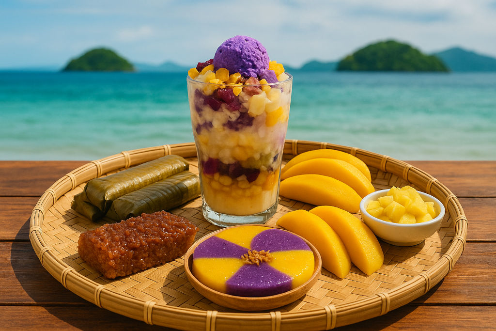 Filipino dessert journeys kakanin and halo-halo spread by the sea