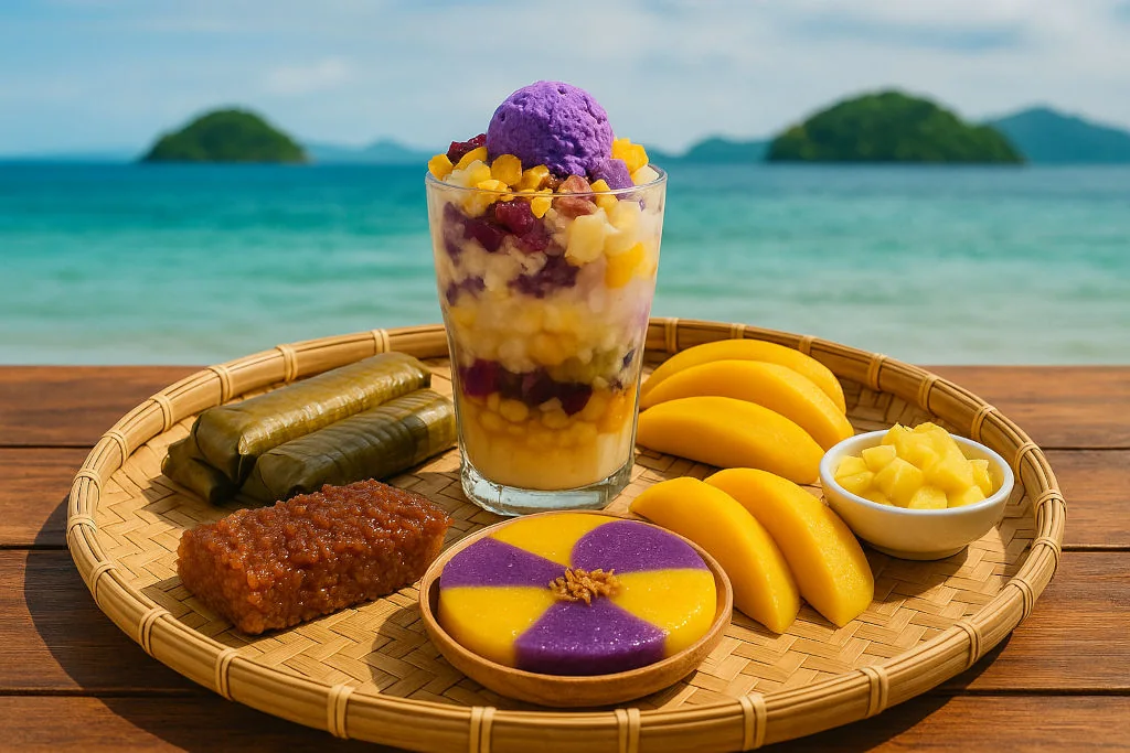 Filipino dessert journeys kakanin and halo-halo spread by the sea