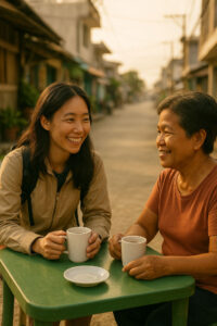 Traveler sharing coffee and meaningful travel moments with a local host