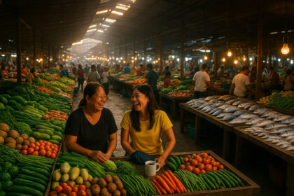 Wide dawn scene of Filipino market mornings in a busy palengke