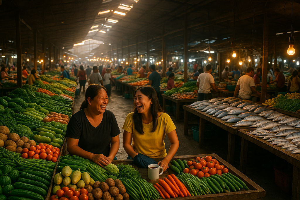 Filipino Market Mornings: Colors, Flavors, and Local Voices Wide dawn scene of Filipino market mornings in a busy palengke