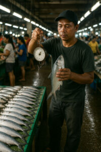 Fish vendor weighing fresh catch during Filipino market mornings in a wet market