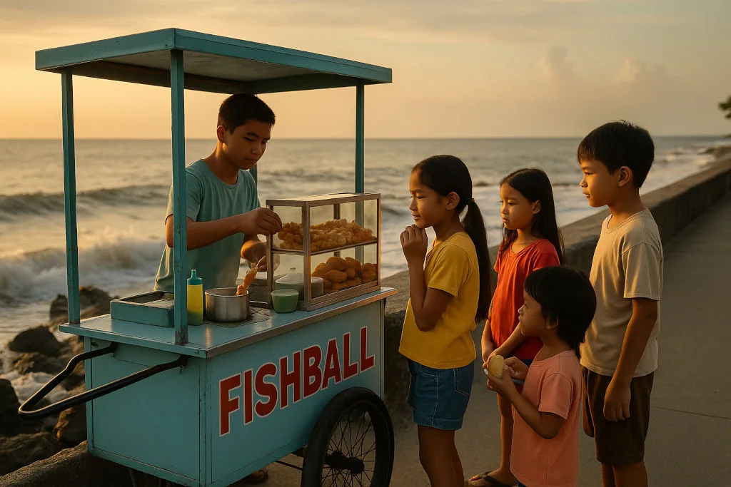 Children buying fishballs during coastal merienda by the seawall