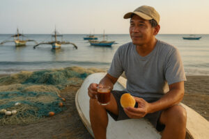 Fisherman enjoying merienda by the sea with coffee and pandesal