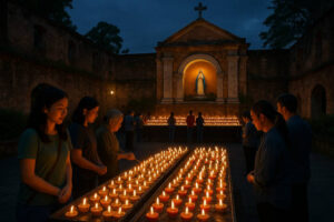 Fort Pilar shrine candles reflecting Zamboanga city colors
