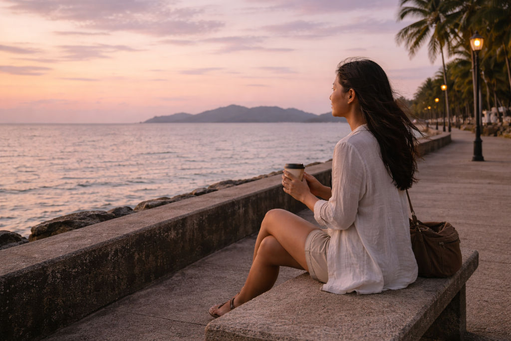 Gentle travel adventures at a quiet seaside promenade at dawn in the Philippines
