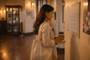 Gentle travel adventures through calm travel activities in a quiet museum morning