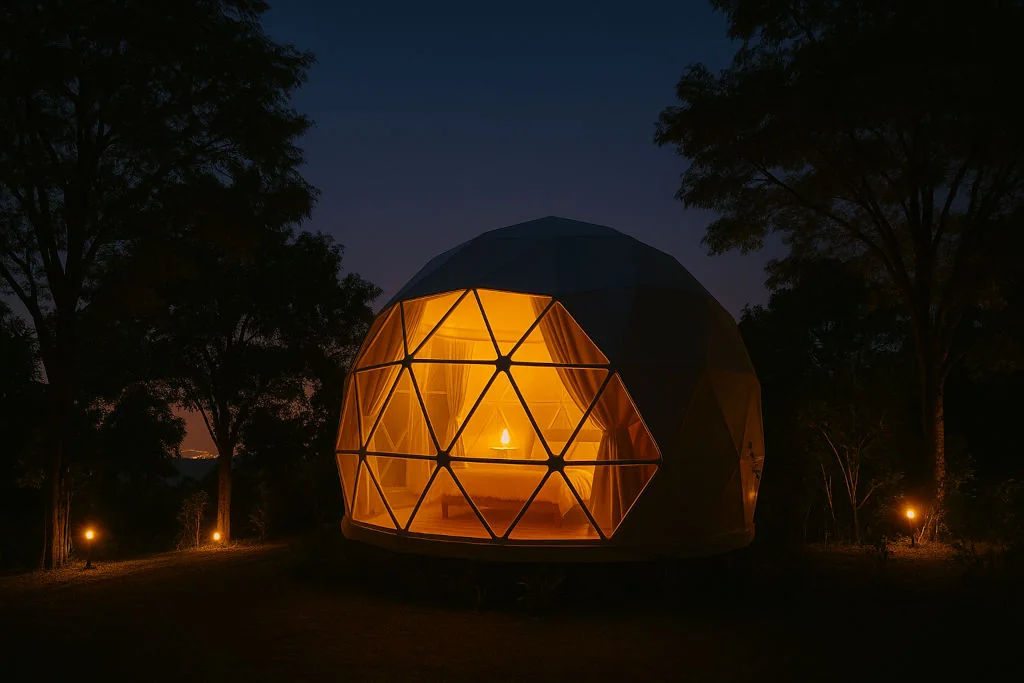 Glamping Near Manila: Warmly lit glamping dome at dusk near Manila surrounded by greenery