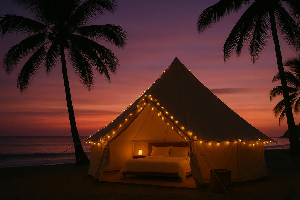 beachfront glamping in the Philippines at sunset