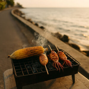 Grilled corn and squid as coastal merienda snacks