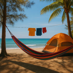 Hammock and tent setup under trees during Luzon beach camping weekend