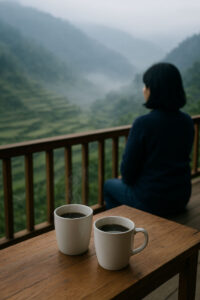 Morning coffee on homestay balcony during Bontoc highlands travel