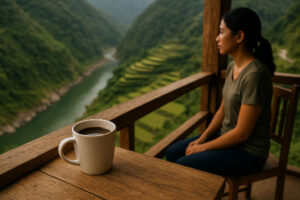 Morning coffee on homestay balcony above Kalinga river roads and terraces