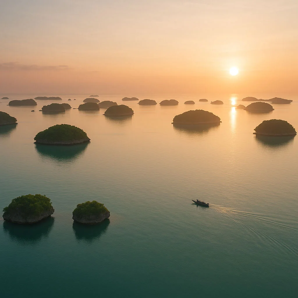 Soft sunrise view of Hundred Islands escapes with a lone boat on calm water