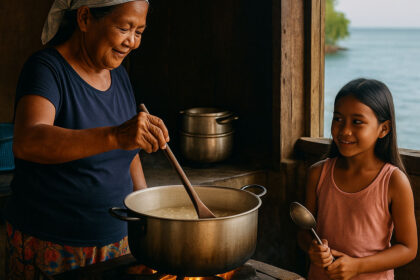 Grandmother teaching island cooking traditions in a Filipino coastal kitchen