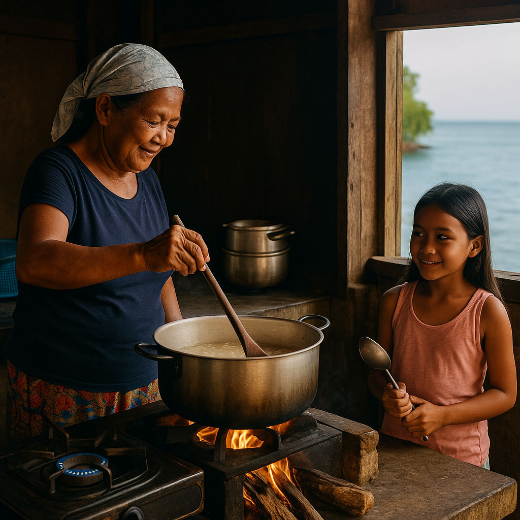Island Cooking Traditions in the Philippines: Heirloom Recipes Passed Through Generations Grandmother teaching island cooking traditions in a Filipino coastal kitchen
