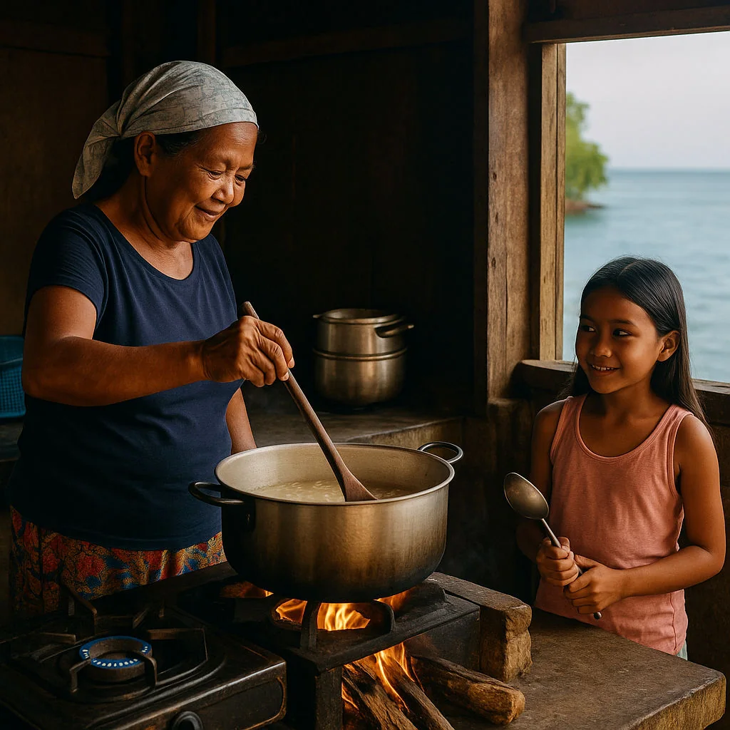 Grandmother teaching island cooking traditions in a Filipino coastal kitchen
