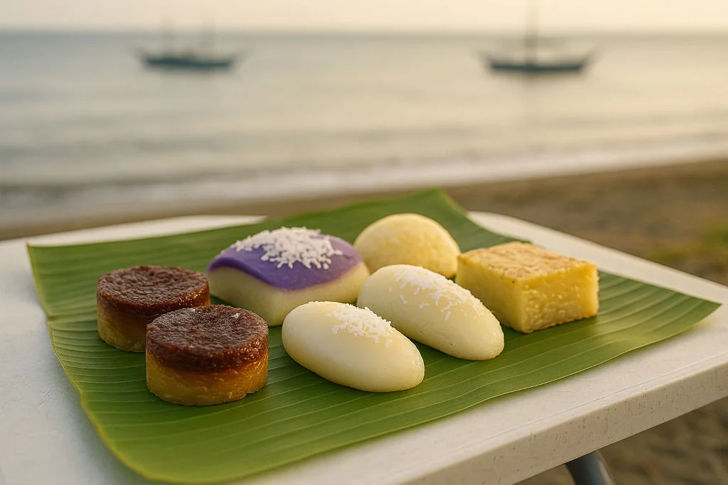 Coastal merienda kakanin on banana leaves by the shore