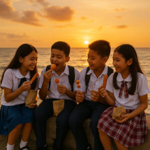 Children sharing merienda by the seawall at sunset