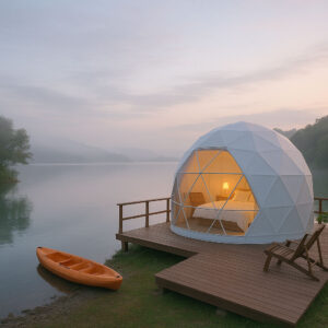 Lakeside glamping dome in Laguna with kayak and morning mist