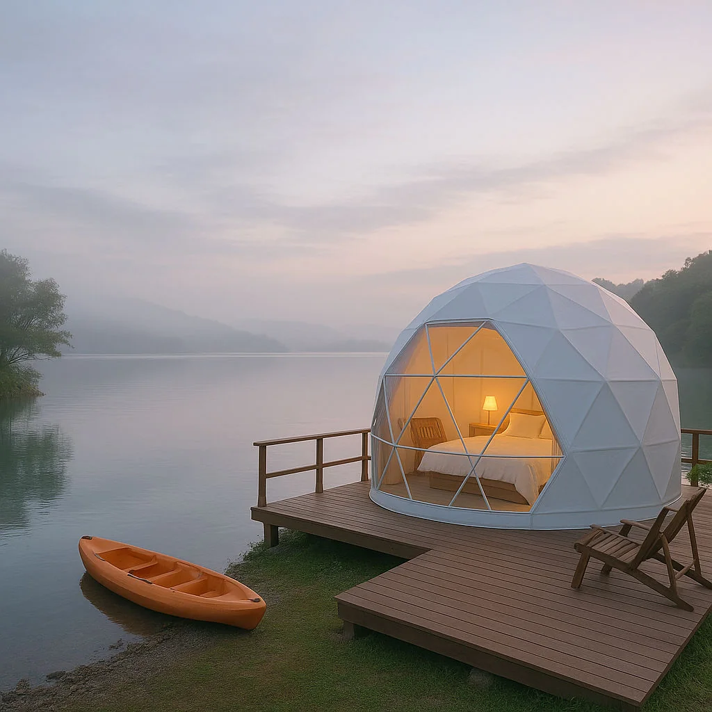 Lakeside glamping dome in Laguna with kayak and morning mist
