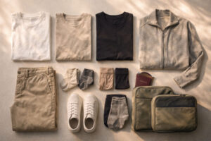 lightweight travel habits flat-lay of capsule wardrobe and packing cubes