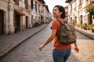 lightweight travel habits moment showing hands-free travel with a small backpack