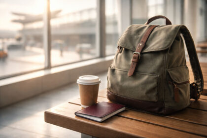 lightweight travel habits featured image with a small backpack, passport, and coffee by a bright window