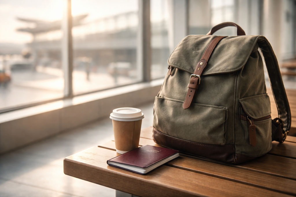 lightweight travel habits featured image with a small backpack, passport, and coffee by a bright window
