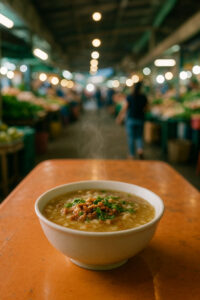 Bowl of lugaw enjoyed during Filipino market mornings inside a palengke carinderia