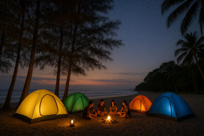 Luzon Beach Camping Weekends: Tents, Bonfires, and Easy Escapes Dusk campsite scene showing tents and trees during Luzon beach camping